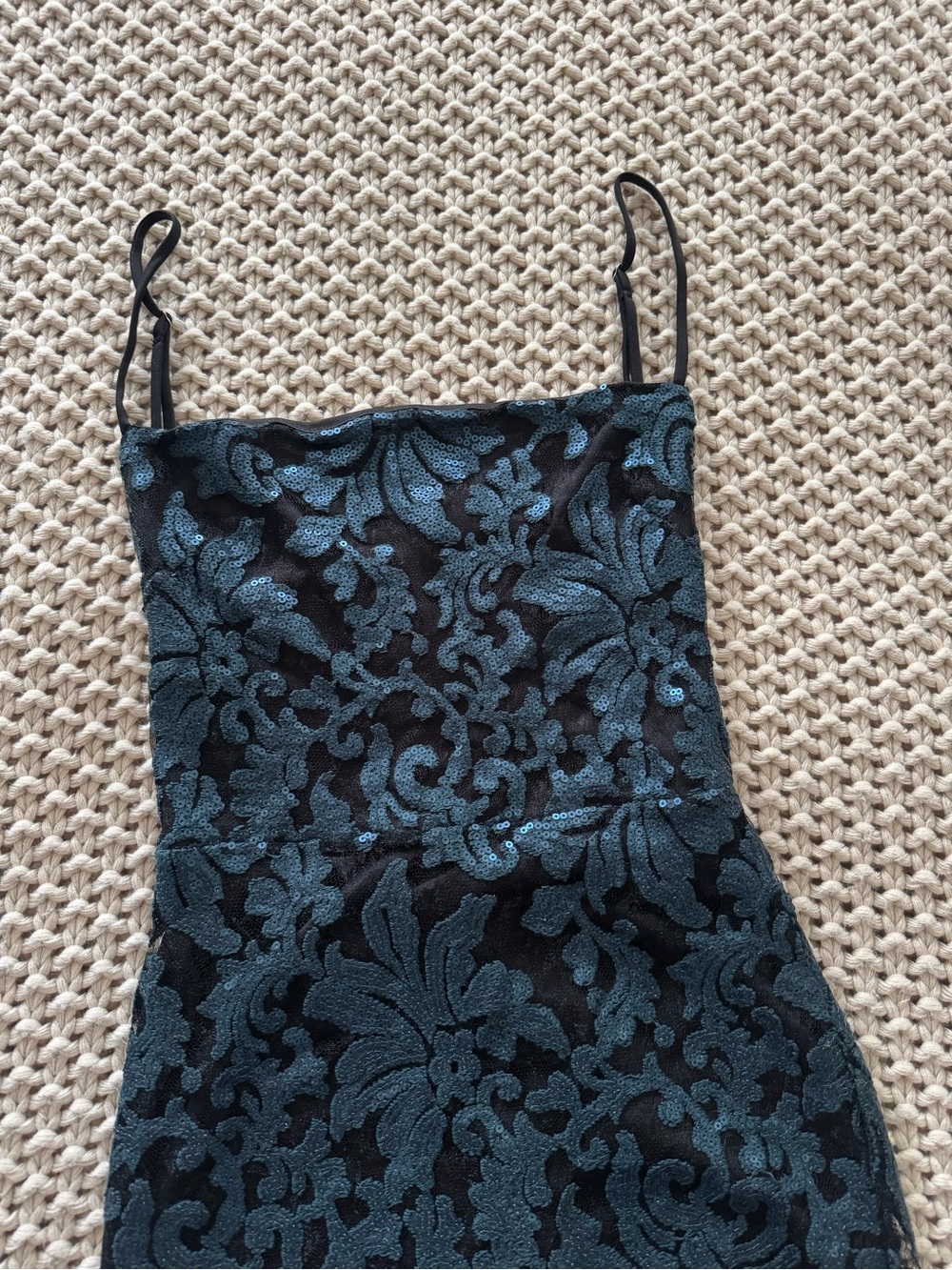 Lucy In The Sky - Squareneck Strappy Black Dress with Teal Sequins